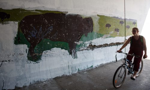 MIKE DEAL / WINNIPEG FREE PRESS
Bison painted on the east wall of the Main Street Underpass was discovered when the wall was pressure-washed in preparation for the recent project to paint the walls of the underpass white to brighten the walkway in addition to the improved lighting.
170728 - Friday, July 28, 2017.