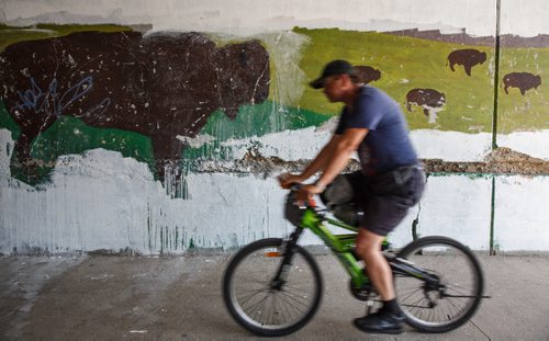 MIKE DEAL / WINNIPEG FREE PRESS
Bison painted on the east wall of the Main Street Underpass was discovered when the wall was pressure-washed in preparation for the recent project to paint the walls of the underpass white to brighten the walkway in addition to the improved lighting.
170728 - Friday, July 28, 2017.