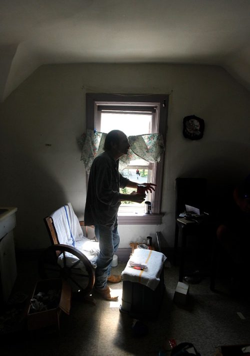 PHIL HOSSACK / WINNIPEG FREE PRESS - Mark Witt in his 2 room "suite" at a North End rooming house, gesturing while describing his fate since an assault left him in a coma, and now in failing health. See Mike McIntylre's story. - July 27, 2017
