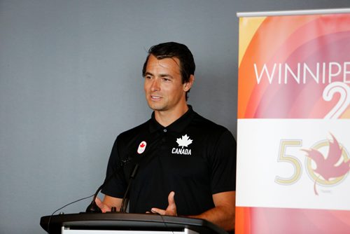 JUSTIN SAMANSKI-LANGILLE / WINNIPEG FREE PRESS
Canada Games alumnus and champion kayaker Adam Van Koeverton speaks during the Canada Games opening press conference Friday.
170728 - Friday, July 28, 2017.