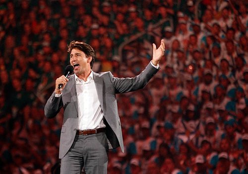 PHIL HOSSACK / WINNIPEG FREE PRESS  -  Prime Minister Justin Trudeau addresses the Canada Games Opening Ceremonies at the Bell MTS Place Friday evening.  -  July 28, 2017