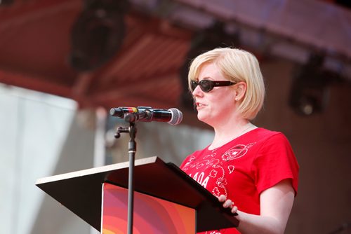 JUSTIN SAMANSKI-LANGILLE / WINNIPEG FREE PRESS
Minister for Sport and Persons with Disabilities Carla Qualtrough speaks at the opening ceremony for the Canada Games Festival Saturday on the main stage at The Forks.
170729 - Saturday, July 29, 2017.