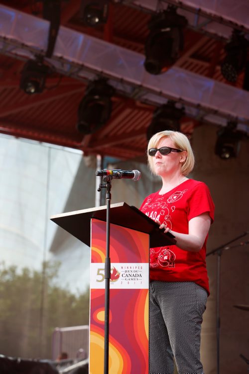 JUSTIN SAMANSKI-LANGILLE / WINNIPEG FREE PRESS
Minister for Sport and Persons with Disabilities Carla Qualtrough speaks at the opening ceremony for the Canada Games Festival Saturday on the main stage at The Forks.
170729 - Saturday, July 29, 2017.