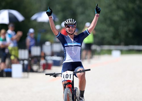 TREVOR HAGAN / WINNIPEG FREE PRESS
Quebec mountain biker Anne-Julie Tremblay is the first to win a gold medal at the 2017 Canada Summer Games, Sunday, July 30, 2017.