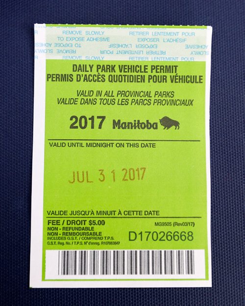 JUSTIN SAMANSKI-LANGILLE / WINNIPEG FREE PRESS
A Parks Manitoba vehicle day pass dated July 31, 2017.
170731 - Monday, July 31, 2017.