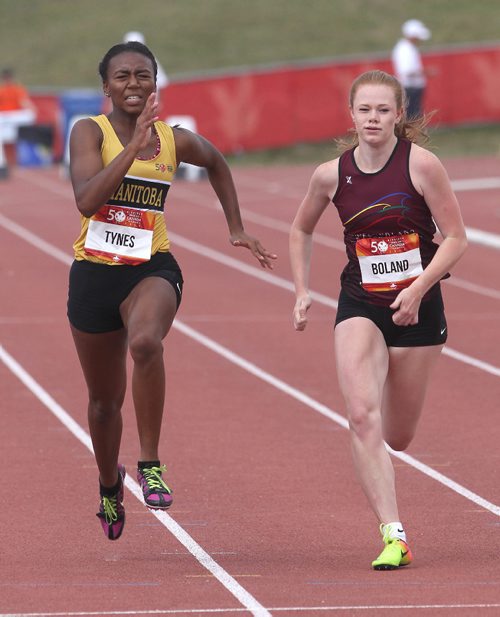 JOE BRYKSA / WINNIPEG FREE PRESSBrianna Tynes from Team Manitoba,left, races against Jennifer Boland from  Team Newfoundland  in the 3rd heat of the 100m track races at the Canada Games at the University of Manitoba. -  July 31 , 2017 -( See Taylor Allen story)