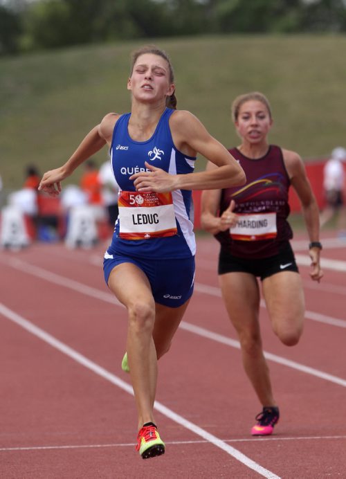 JOE BRYKSA / WINNIPEG FREE PRESSAudrey Leduc from Team Quebec in the 1st heat of the 100m track races at the Canada Games at the University of Manitoba. -  July 31 , 2017 -( See Taylor Allen story)