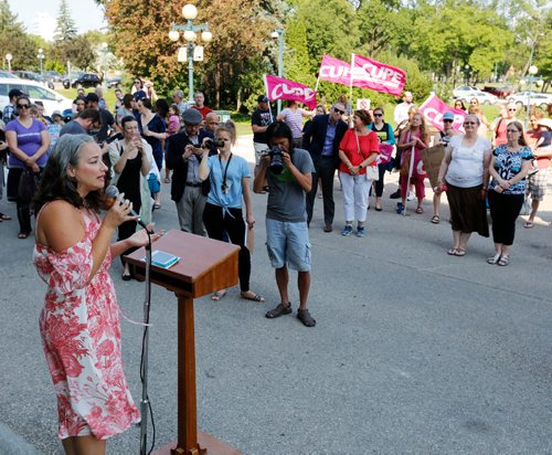JUSTIN SAMANSKI-LANGILLE / WINNIPEG FREE PRESS
NDP Status of Women Critic Nahanni Fontaine speaks to a crowd of supporters in front of the Manitoba Legislature against the Province's recent cuts to the Health Sciences Centre's Women's Hospital Lactation Consultant program.
170801 - Tuesday, August 01, 2017.