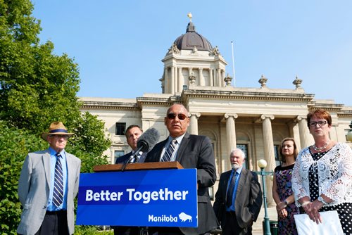 JUSTIN SAMANSKI-LANGILLE / WINNIPEG FREE PRESS
Chief Ron Evans of Norway House Cree Nation speaks outside the Manitoba Legislature building Tuesday at a press conference announcing a plan to work with First Nations communities to develop a Mineral Development Protocol.
170801 - Tuesday, August 01, 2017.