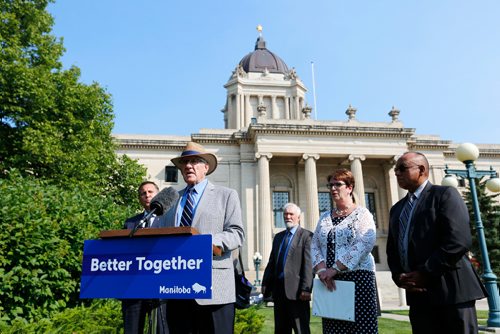 JUSTIN SAMANSKI-LANGILLE / WINNIPEG FREE PRESS
Jim Downey, former Manitoba deputy Premier and cabinet minister speaks outside the Manitoba Legislature building Tuesday at a press conference announcing a plan to work with First Nations communities to develop a Mineral Development Protocol.
170801 - Tuesday, August 01, 2017.