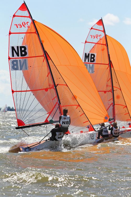 
RUTH BONNEVILLE / WINNIPEG FREE PRESS

Peter David Young and Andrew Keyes of NB race side by side with Bryce and Hunter Kristjansson of MBt in high winds  during the Double Handed - 29er male Canada Summer Games sailing event in Gimli MB on Lake Winnipeg Wednesday.  

  
Aug 01,, 2017