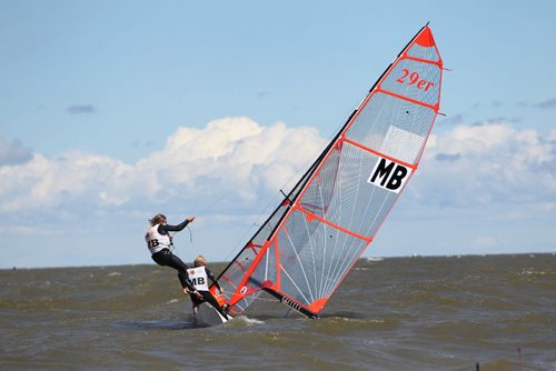 RUTH BONNEVILLE / WINNIPEG FREE PRESS

Bryce and Hunter Kristjansson work to upright their sail boat in high winds  during the Double Handed - 29er male Canada Summer Games sailing event in Gimli MB on Lake Winnipeg Wednesday.  

  
Aug 01,, 2017