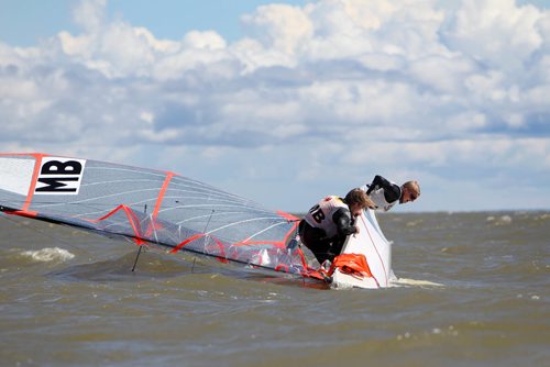 RUTH BONNEVILLE / WINNIPEG FREE PRESS

Bryce and Hunter Kristjansson work to upright their sail boat in high winds  during the Double Handed - 29er male Canada Summer Games sailing event in Gimli MB on Lake Winnipeg Wednesday.  

  
Aug 01,, 2017