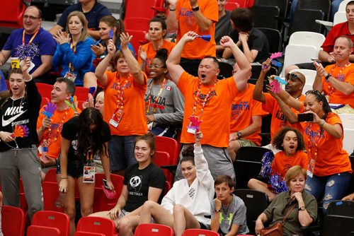 JOHN WOODS / WINNIPEG FREE PRESS
Alberta fans celebrate a win over Manitoba in the quarter finals of the Canada Games at the Duckworth Centre in Winnipeg, Tuesday, August 1, 2017.