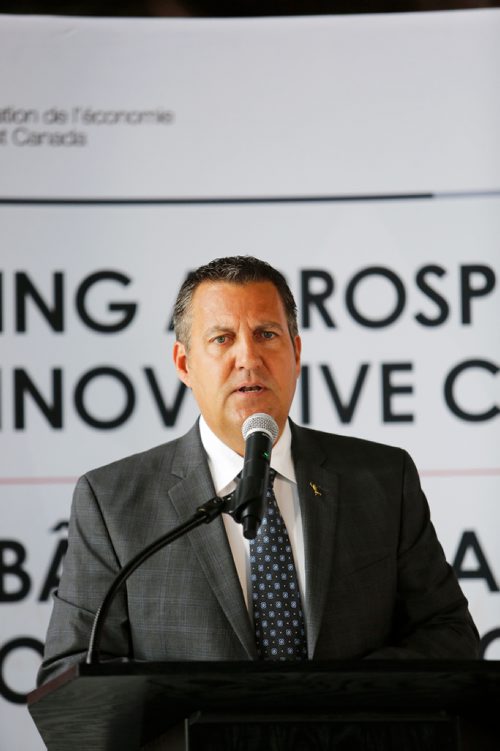 JUSTIN SAMANSKI-LANGILLE / WINNIPEG FREE PRESS
Provincial Minister of Growth, Enterprise and Trade Cliff Cullen speaks at a press conference Wednesday held in the construction site for Red River College's future Smart Factory. The event was used to announce a combined investment of over $15 million in the project shared between the federal government and StandardAero.
170802 - Wednesday, August 02, 2017.