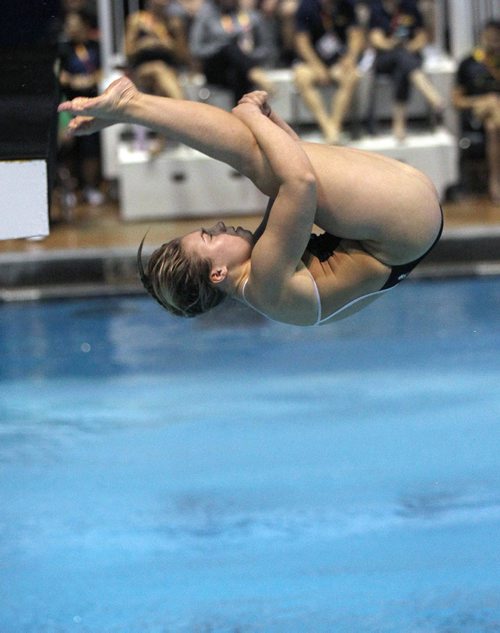 JOE BRYKSA / WINNIPEG FREE PRESS Manitoban Brooke Bouchard competes in the 1m diving heats at Pan Am Pool during the Canada Games in Winnipeg Wednesday.- Aug 02, 2017