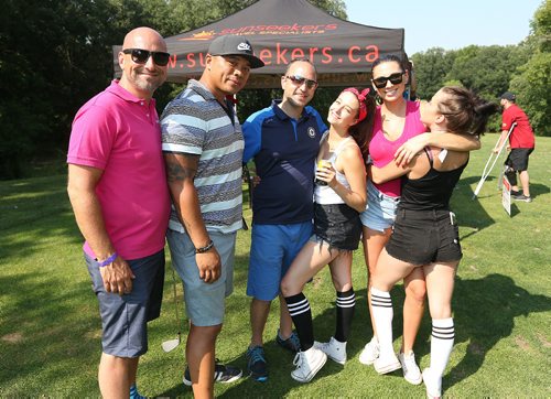 JASON HALSTEAD / WINNIPEG FREE PRESS

L-R: Members of the Moxies team Kris Irvine, Chris Manalastas, Anton Pradinuk and Riley Enns (second right) with Cortney Chammartin and Amber Victor at the La Salle Insurance and Travel Services tent at the Brett Poncelet and La Salle Insurance and Travel Ltd. seventh annual Charity Golf Tournament in support of the Society for Manitobans with Disabilities (SMD) Foundation/Easter Seals Manitoba at Kingswood Golf and Country Club on July 26, 2017.(See Social Page)