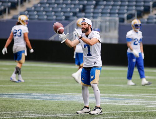 JUSTIN SAMANSKI-LANGILLE / WINNIPEG FREE PRESS
Bombers wide receiver Weston Dressler catches the ball during Wednesday's practice at Investor's Group Field. 
170802 - Wednesday, August 02, 2017.