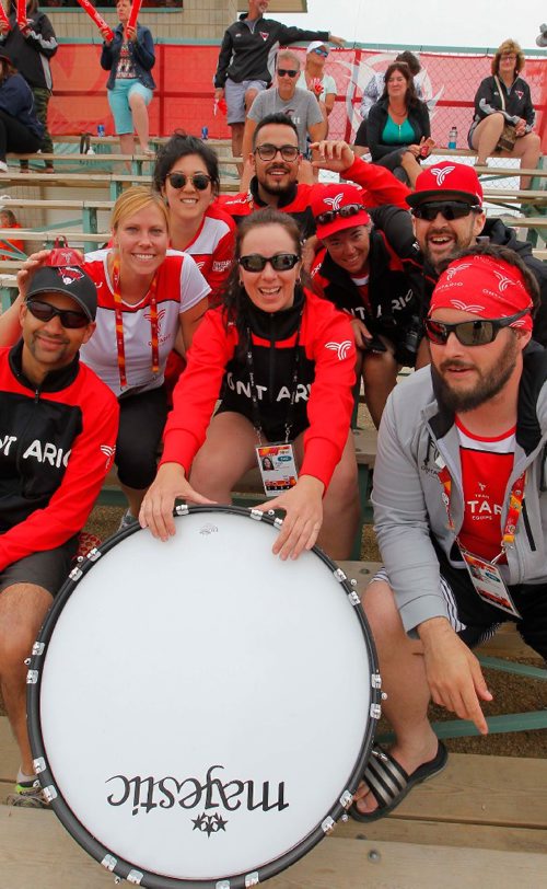 BORIS MINKEVICH / WINNIPEG FREE PRESS
2017 Canada Games story on fan experience. Cecily Clarke, centre with hands on the big drum, is with Team Ontario's mission staff. She was interviewed for the story.  They were at Men's Softball at John Blumberg Softball Complex supporting their team. RYAN THORPE STORY. August 2, 2017