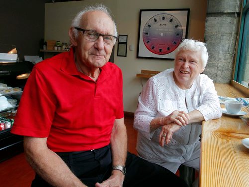 BORIS MINKEVICH / WINNIPEG FREE PRESS
2017 Canada Games story on fan experience. From left, Roy and Shelia Butler of Winnipeg wait for an upcoming basketball game at the coffee shop attached to the Canada Games Sport for Life Centre. RYAN THORPE STORY. August 2, 2017