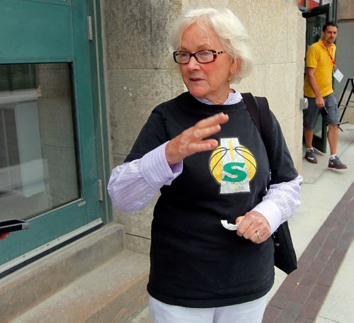 BORIS MINKEVICH / WINNIPEG FREE PRESS
2017 Canada Games story on fan experience. Pat Mahoney from Sask. is too nervous about the close basketball game her grandson is playing inside so she went outside to relax. Photo taken just outside Canada Games Sport for Life Centre. RYAN THORPE STORY. August 2, 2017
