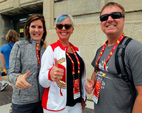 BORIS MINKEVICH / WINNIPEG FREE PRESS
2017 Canada Games story on fan experience. From left, Cathy Connelly, Julie Sinclair and Alan Sinclair from New Brunswick pose for a photo outside the Canada Games Sport for Life Centre. They have kids that play basketball. RYAN THORPE STORY. August 2, 2017