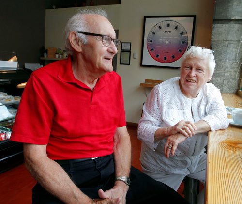 BORIS MINKEVICH / WINNIPEG FREE PRESS
2017 Canada Games story on fan experience. From left, Roy and Shelia Butler of Winnipeg wait for an upcoming basketball game at the coffee shop attached to the Canada Games Sport for Life Centre. RYAN THORPE STORY. August 2, 2017