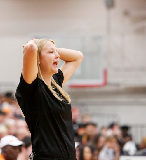 JUSTIN SAMANSKI-LANGILLE / WINNIPEG FREE PRESS
Team Manitoba Head Coach Alyssa Grant reacts to a call by the referees during Wednesday's women's basketball quarter final at the University of Winnipeg's Duckworth Centre.
170802 - Wednesday, August 02, 2017.