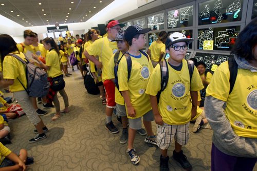 JOE BRYKSA / WINNIPEG FREE PRESSDayton Champagne ,with hat front right, 11yrs from Salisbury Morse Place School joins kids from 16 Winnipeg schools that gathered at the MB Museum to celebrate the signing of the treaty one agreement which took place on aug 03, 1871- Aug 03, 2017 -( See Ashleys story)