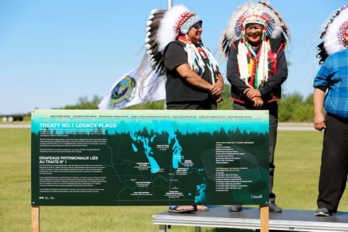 JUSTIN SAMANSKI-LANGILLE / WINNIPEG FREE PRESS
A sign placed in front of the Treaty 1 flags provides some explanation of the significance of the treaty, and the flags of its signatory First Nations.
170803 - Thursday, August 03, 2017.