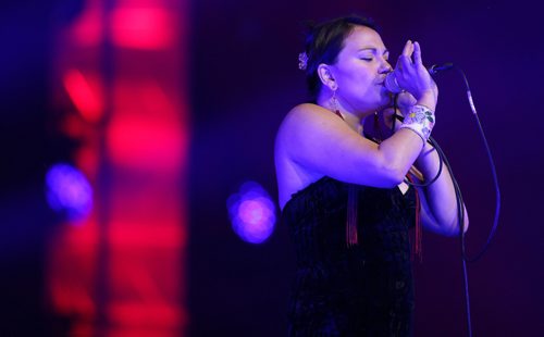 TREVOR HAGAN / WINNIPEG FREE PRES
Throat singer, Tanya Tagaq, from Cambridge Bay, Nunavut, performing at The Forks on Northern Territories night, Wednesday, August, 2, 2017.