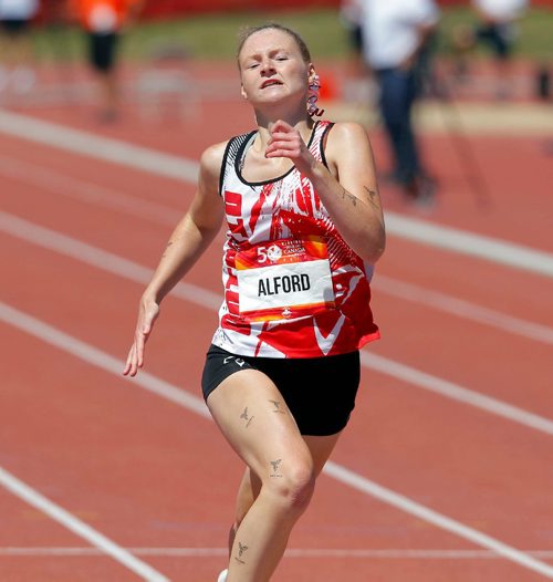 BORIS MINKEVICH / WINNIPEG FREE PRESS
2017 Canada Summer Games - Athletics 100m Special Olympics Female A side finals. Kristy Alford(ONT) wins the gold. August 3, 2017