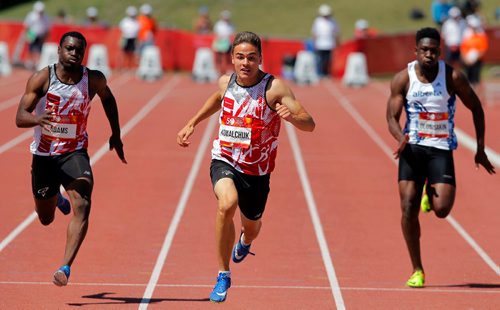 BORIS MINKEVICH / WINNIPEG FREE PRESS
2017 Canada Summer Games - Athletics 100m Male finals. Samuel Adams(ON), Karson Kowalchuk(ON), and Temi Olonisakin(AB). August 3, 2017