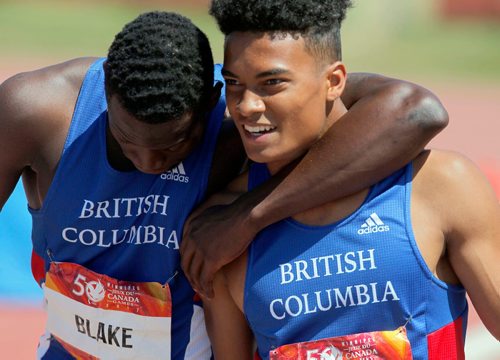 BORIS MINKEVICH / WINNIPEG FREE PRESS
2017 Canada Summer Games - Athletics 100m Male finals. From left, Jerome Blake(BC) and Ben Tjernagel(BC). August 3, 2017
