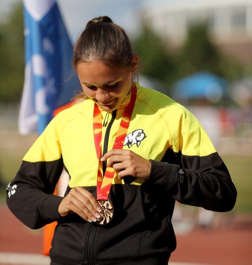 TREVOR HAGAN / WINNIPEG FREE PRESS
Victoria Tachinski becomes the first Team Manitoba athlete to win a gold medal at the Canada Summer Games after winning the 400m race, Thursday, August, 3, 2017.