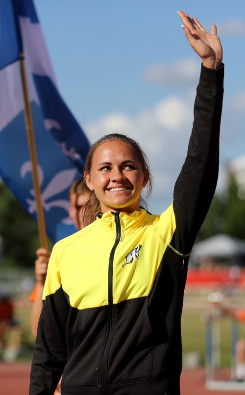 TREVOR HAGAN / WINNIPEG FREE PRESS
Victoria Tachinski becomes the first Team Manitoba athlete to win a gold medal at the Canada Summer Games after winning the 400m race, Thursday, August, 3, 2017.