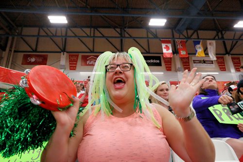 JUSTIN SAMANSKI-LANGILLE / WINNIPEG FREE PRESS
PEI super fan Sherri Hogan cheers on her Son, Thomas and the rest of PEI's basketball team Friday at the University of Winnipeg's Duckworth Gym.
170804 - Friday, August 04, 2017.