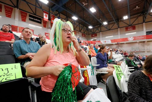 JUSTIN SAMANSKI-LANGILLE / WINNIPEG FREE PRESS
PEI super fan Sherri Hogan reacts to a tense moment on the court during Friday's men's basketball game between her son Thomas' team and Newfoundland at the University of Winnipeg's Duckworth Gym.
170804 - Friday, August 04, 2017.