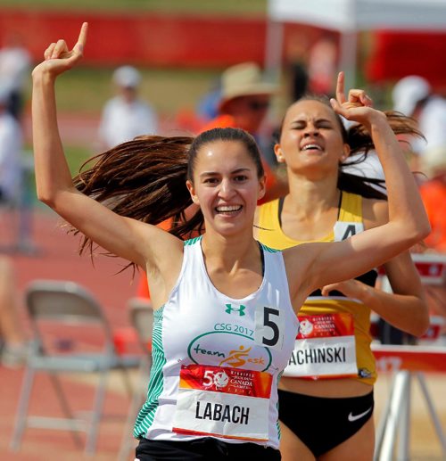 BORIS MINKEVICH / WINNIPEG FREE PRESS
2017 Canada Summer Games - Athletics 800m female finals. From left, Julie Labach(SK) beats Victoria Tachinski(MB). August 4, 2017