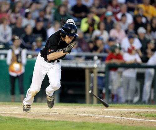 TREVOR HAGAN / WINNIPEG FREE PRESS
Team Manitoba's Yanykk Nadeau heads towards first base while playing against Saskatchewan for baseball gold at the summer games, Friday, August, 4, 2017.