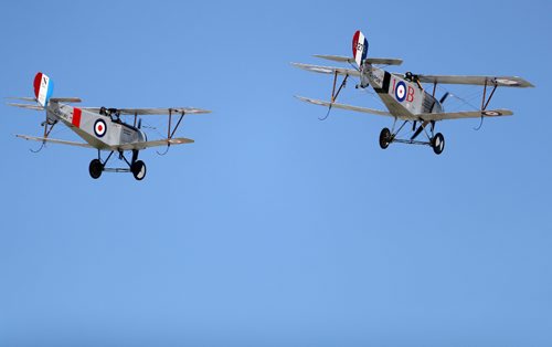 TREVOR HAGAN / WINNIPEG FREE PRESS
Replica Nieuport 11 planes from the First World War fly by the Royal Canadian Aviation Museum Saturday, August, 5, 2017. The planes can be viewed at the museum this long weekend.