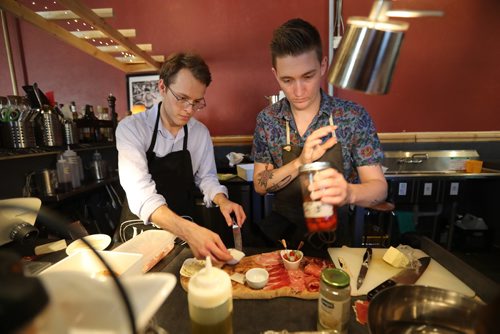 TREVOR HAGAN / WINNIPEG FREE PRESS
Gregoire Stevenard, one of the co owners, left, and Andrew Livingston, chef, at Cordova Tapas and Wine, Saturday, August, 5, 2017. For Alison restaurant review.