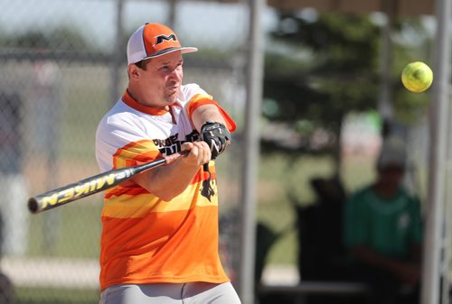 TREVOR HAGAN / WINNIPEG FREE PRESS
Prides Thunder's (from Swift Current, Sask.) Terry Mitchell swings at the ball during the Slow Pitch Nationals at Little Mountain Sportsplex, Sunday, August, 6, 2017.