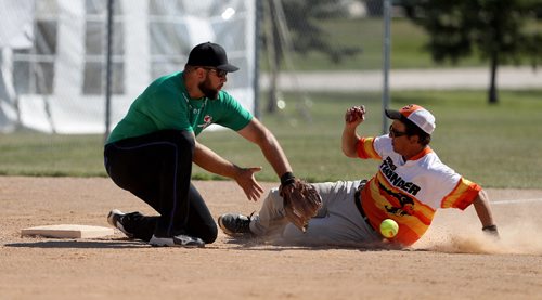 TREVOR HAGAN / WINNIPEG FREE PRESS
Joe Dykshoorn of the Pitch Slappers from Abbotsford, BC, catches the ball as Swift Currents' Prides Thunder's Jason Kwan successfully slides into third base during the Slow Pitch Nationals at Little Mountain Sportsplex, Sunday, August, 6, 2017.