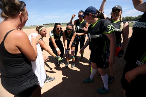 TREVOR HAGAN / WINNIPEG FREE PRESSThe Sugar Mumma's from Abbotsford, BC, celebrate their win over the Ponytail Express, from Red Deer, Alberta, during Slow Pitch Nationals at Little Mountain Sportsplex, Sunday, August 6, 2017.