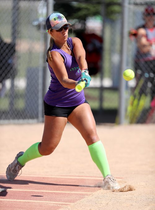 TREVOR HAGAN / WINNIPEG FREE PRESS
Rozz Nikolaus of the Manitoba Misfits, hits the ball while playing against the Laiterie de Coaticook, from Sherbrooke, QC, during Slow Pitch Nationals at Little Mountain Sportsplex, Sunday, August 6, 2017.