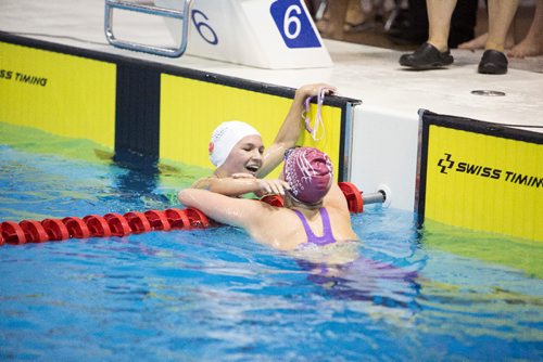 JUSTIN SAMANSKI-LANGILLE / WINNIPEG FREE PRESS
Team Manitoba's Tia Cummings congratulates fellow swimmer Victoria Stokes from Newfoundland at the end of the women's 1500m freestyle Monday at the Pan-Am Pool.
170807 - Monday, August 07, 2017.