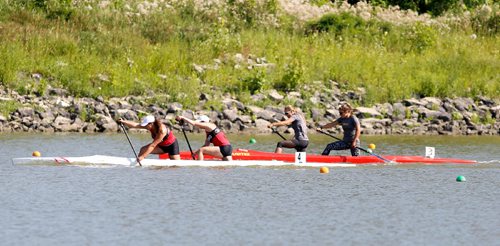 JUSTIN SAMANSKI-LANGILLE / WINNIPEG FREE PRESS
Team Manitoba's Maddy Mitchell and Nicole Boyle give chase to the Ontario team during the final few metres of their preliminary race Monday at the Manitoba Canoe and Kayak Centre.
170807 - Monday, August 07, 2017.