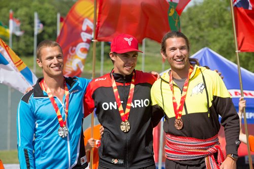 JUSTIN SAMANSKI-LANGILLE / WINNIPEG FREE PRESS
From left: Zane Clarke, NS, Nick Matveev, ON and James Lavallée, MB, pose on the podium with their medals Monday at the Manitoba Canoe and Kayak Centre.
170807 - Monday, August 07, 2017.