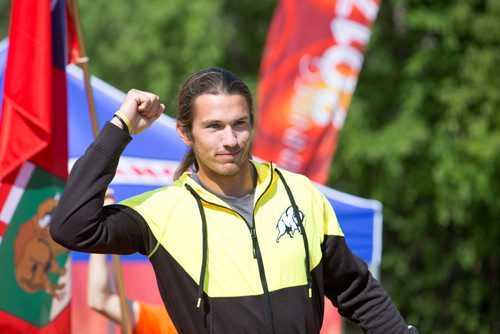 JUSTIN SAMANSKI-LANGILLE / WINNIPEG FREE PRESS
Team Manitoba's James Lavallée poses on the podium Monday after completing his races at the Manitoba Canoe and Kayak Centre.
170807 - Monday, August 07, 2017.